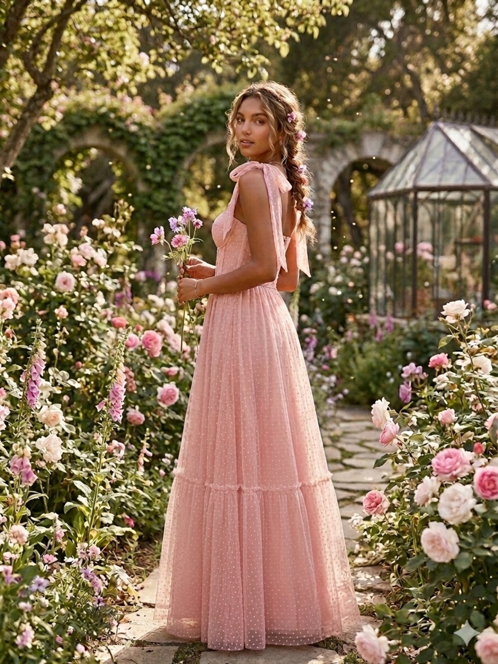 Sheer Swiss Dot Tie-Strap Maxi Dress in Blush Pink